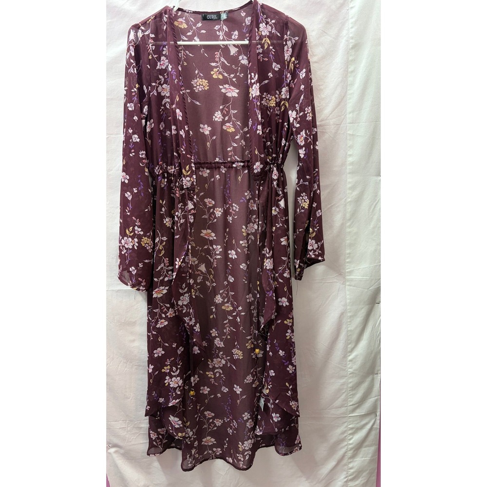 CURE. Womens Burgundy Floral Sheer Chiffon Duster Cardigan Bell Sleeve M
